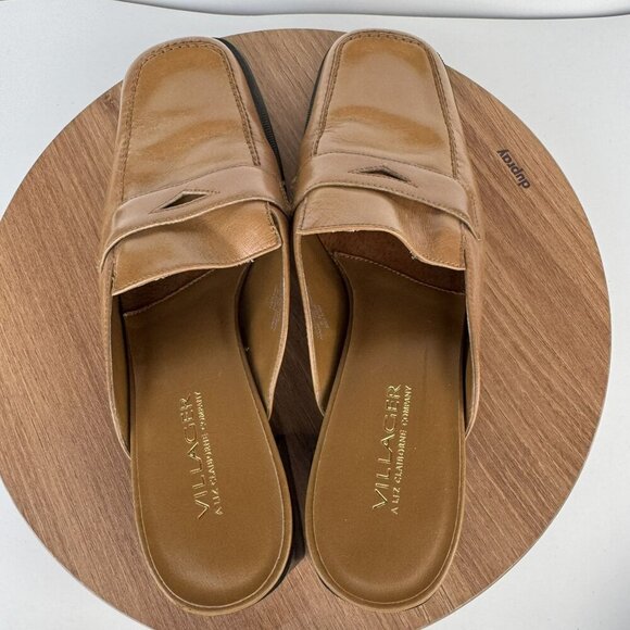 Villager San Jose Slide Womens Tan Leather 90's‎ Minimal Block Heel Loafers 8.5M - Picture 2 of 7